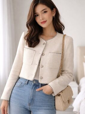 Women's Cream Tweed Crop Jacket - Elegant Tailored Coat